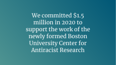 We committed $1.5 million in 2020 to support the work of the newly formed Boston University Center for Antiracist Research